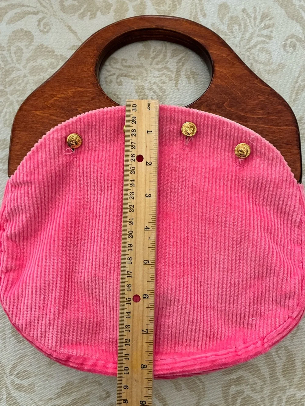 J.G. Hook Bermuda Bag Wood Handles Gold Anchor Buttons Pink Corduroy Cover